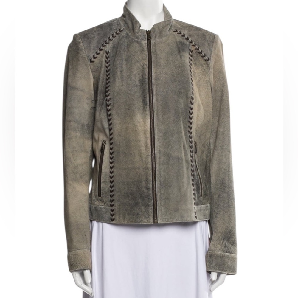 Gray Suede Leather Motorcycle Jacket With Quilted Details — image 8 of 8